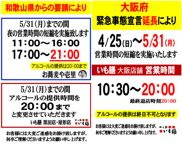 和歌山県からの要請及び大阪府緊急事態宣言発令 延長のお知らせ 藤本食品株式会社 和歌山県からの要請及び大阪府緊急事態宣言発令 延長のお知らせ 藤本食品株式会社
